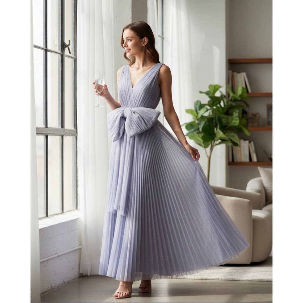 Hutch Cataline Lavender Strapless Pleated Tulle Maxi Gown Bow Front Size‎ 2